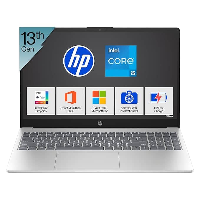 HP 15, 13th Gen Intel Core i5-1334U Laptop(16GB DDR4, 512GB SSD), 15.6"/39.6cm,FHD,Win 11,Office 24,Microsoft 365*, Silver,1.59kg, Iris Xe Graphics, FHD Camera w/Privacy Shutter, Backlit KB, fd0467tu